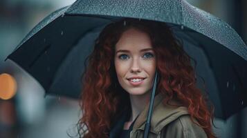 mujer con paraguas en lluvioso clima. generativo ai foto