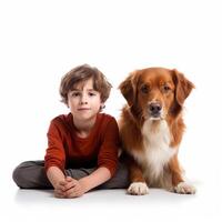 Kid boy with dog on white background. photo