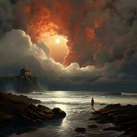 a man standing on the rocks looking at the ocean AI Generative photo