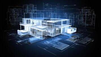 3d rendering of a house with blueprints photo