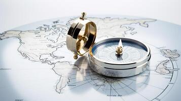a gold compass on top of a world map photo
