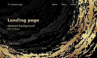 Landing page template with luxury gold marble paintbrush texture decoration on black background vector