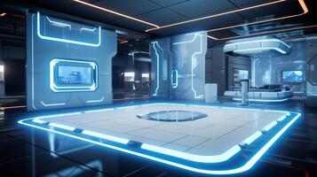 a futuristic room with a large floor and a large screen photo