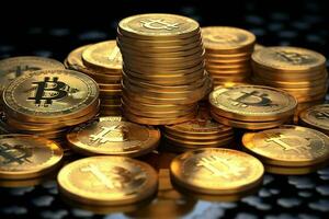 golden bitcoin coins on a black background stock photo   AI Generativekatie