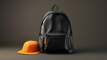 black backpack and orange cap on a brown background AI Generative photo