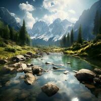 un hermosa montaña río con rocas y arboles ai generativo foto