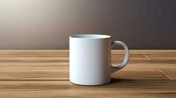 un blanco café taza sentado en un mesa ai generativo foto