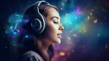 a woman with headphones listening to music AI Generative photo