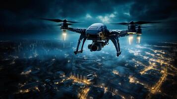 a drone flying over a city at night photo