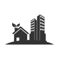 Vector illustration of eco-friendly building icon in dark color and white background