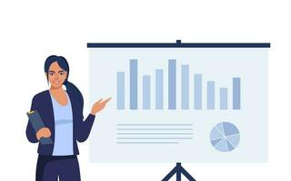 Female speaker pointing at presentation on white board during business seminar. Office worker showing report at whiteboard with pointer. Vector illustration.
