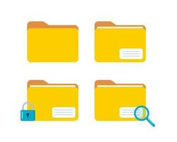 Folder with search icon, magnifying glass, lock and finger print protection, id authentication icon. Set of computer file folder symbols. Vector illustration.