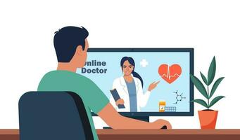 Man consulting a doctor online using his computer, telemedicine and online doctor concept. Video call meeting with doctors at home. Online doctor talking with a patient. Vector illustration.