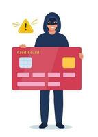 hombre delincuente en máscara participación crédito tarjeta cometiendo delito. computadora fraude o en línea datos ladrón. vector ilustración.