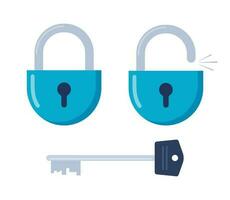 Metal key and a blue lock. Opened and locked padlock and key. Vector illustration.