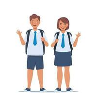 Pareja de chico y muchacha. retrato de contento colegio niños con mochilas dos niños en pie juntos. espalda a escuela. vector ilustración.