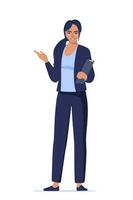 Woman introduce, show and present something. Business speaker standing with clipboard and pointing direction, gesturing with arm. Female presenter. Vector illustration.