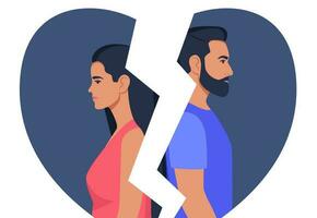 Man and woman stand with their backs to each other, broken heart on background. Concept of divorce, misunderstanding, disagreement, relationship troubles. Man and woman in a quarrel, conflict. Vector. vector