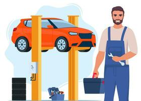 Car repair. Auto mechanic near the car lifted on autolifts. Car service and repair, diagnostics. Auto service. Vector illustration.