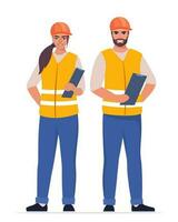 Man and woman engineer. Construction Workers in uniform and orange protective helmet, holding clipboard with checklist. Head of construction works. Vector illustration.