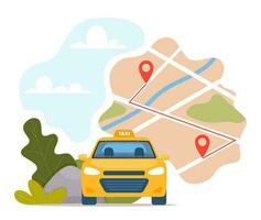 Taxi car, city map gps location. Car rent mobile service, internet banner. Modern online vehicle rental technology, yellow taxi illustration concept. City street navigation. vector