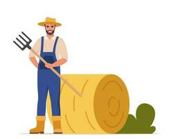 Man with pitchfork near haystack. Farmer prepares hay. Food for domestic animal. Yellow straw in haystack and agricultural equipment. Vector illustration.