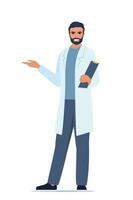 Doctor in medical uniform pointing and showing something with hand. Medicine worker man explaining and presenting something. Vector flat illustration.