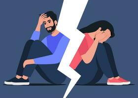 Man and woman sitting with their backs to each other. Concept of divorce, misunderstanding, disagreement, relationship troubles. Man and woman in a quarrel, conflict. Vector. vector