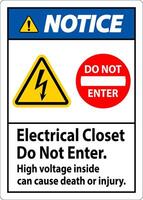 Notice Sign Electrical Closet - Do Not Enter. High Voltage Inside Can Cause Death Or Injury vector