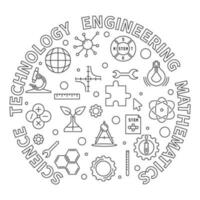 Science, Technology, Engineering, Mathematics round thin line illustration. STEM outline banner vector