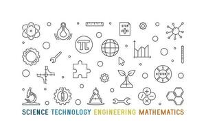 Science, Technology, Engineering, Mathematics horizontal thin line horizontal illustration. STEM outline banner vector