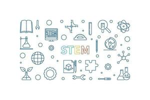 STEM Science outline concept banner. Science, Technology, Engineering and Math vector horizontal Illustration