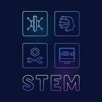 STEM Science line concept colored square banner with 4 signs - Science, Technology, Engineering and Math vector linear colored Illustration