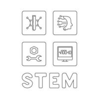 STEM Science outline concept simple banner with four icons. Science, Technology, Engineering and Math vector Illustration