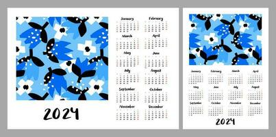 Calendar layout for 2024. Marine illustration with octopuses and fish. Vertical and horizontal layouts for A4, A5 printing vector