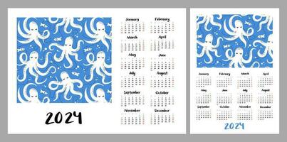 Calendar layout for 2024. Marine illustration with octopuses and fish. Vertical and horizontal layouts for A4, A5 printing vector