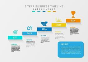 Business infographic template timeline 5 years square multi color Numbers in the center, top color icons, letters below the square frame and bottom right corner letters, gray gradient background. vector