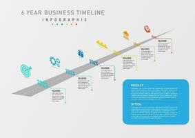 infographic isometric business timeline template 6 years road with number right center with circle line and arrow left icon blue frame with right letter on gray gradient background vector