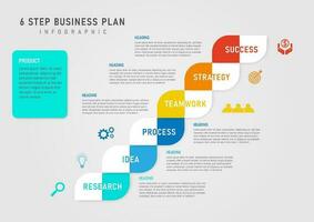 infographic template 6 steps success business planning multicolored squares letters in the center left and right icons square frame in the middle empty space place letters gray gradient background vector