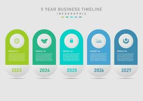 infographic timeline 5 years multi colored rounded squares A gray button above with a white lettered icon on a colored background in the middle below with the year number. gray gradient background vector