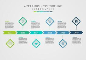 simple infographic template business timeline 6 years multi colored arrows with numbers in the center acute angled squares icons in the center and letters on the sides gray gradient background vector