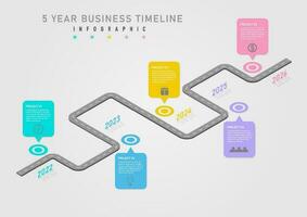 3D business infographic timeline 5 years road center circle with multicolored squares center letters and icons. Isometric year numbers and shadows.gray gradient background design for  product, project vector