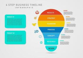 Infographic 6 Step Business Plan for Success Light bulb divided into multicolored segments middle white characters There is an icon on the left and a letter on the right. gray gradient background vector