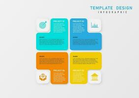 infographic simple template 4 business project multiple squares with black and white letters In the corner there is a white button with an icon. gray gradient background vector