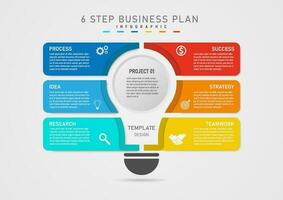 6 step business planning infographic The bulb is divided into sections. The middle button places letters. Left and right multicolored squares with letters and icons on a gray gradient background. vector