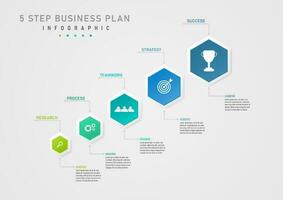 infografía modelo 5 5 pasos negocio plan para éxito multicolor hexágonos arreglado en un fila con un icono en el medio. parte superior y fondo líneas con círculos y letras en un gris degradado antecedentes. vector