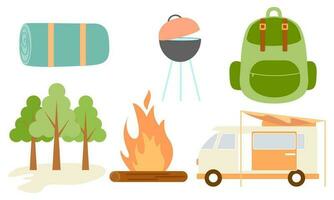 Cartoon camping and hiking equipment  tent and forest nature camp logo vector