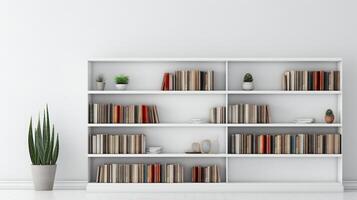 un libro estante con libros en el estantería y un planta en el estante un enmarcado Arte impresión cuelga en un blanco pared encima un sofá ai generativo foto