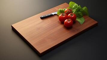 a wooden cutting board with a plant in a vase AI Generative photo