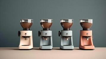 a row of four coffee grinders in different colors photo